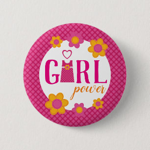 Girl-Power, rosa kariertes Blumenfederdesign Button