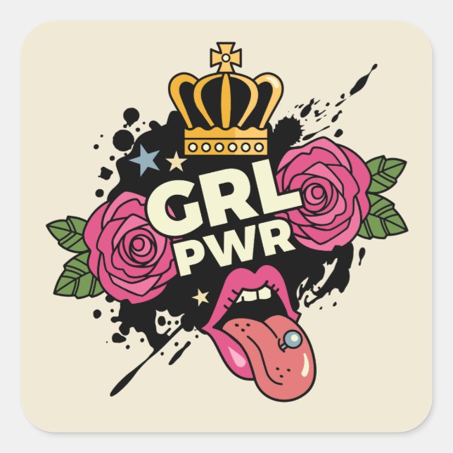 Girl Power Tattoo Style Quadratischer Aufkleber (Vorderseite)