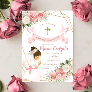Girl Praying Gold Erste heilige Kommune Pink Flora Einladung