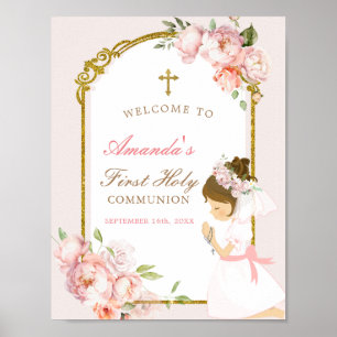 Girl Praying Gold Erste heilige Kommune Willkommen Poster