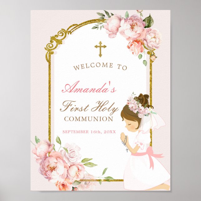 Girl Praying Gold Erste heilige Kommune Willkommen Poster (Vorne)