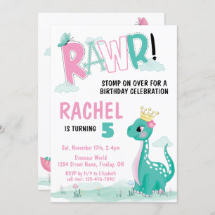 Girl Princess Dinosaur Pink & Aquamarine Geburtsta Einladung