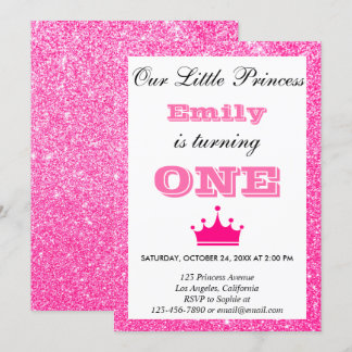 Girl Princess Hot Pink Glitzer Erster Geburtstag Einladung