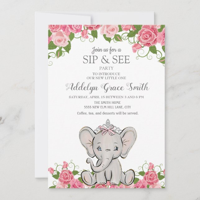 Girl Princess Tiara Elephant Pink Floral Sip Siehe Einladung (Vorderseite)