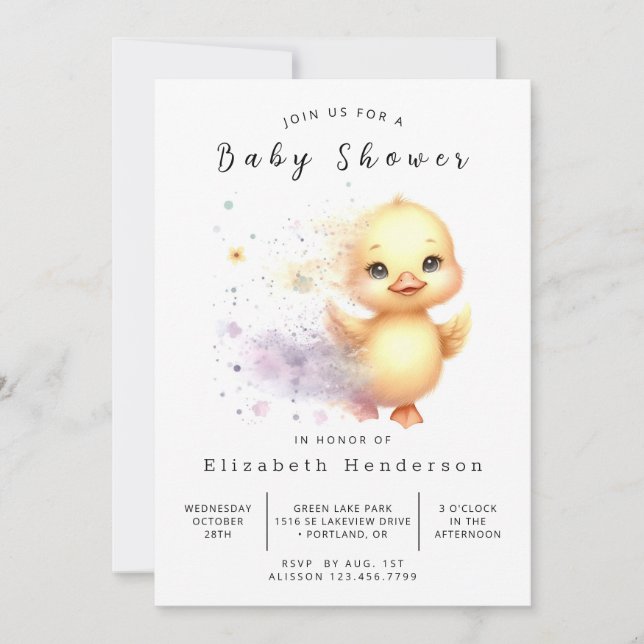 Girl Printable Duck Baby Duck Einladung (Vorderseite)