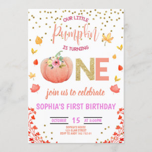 Girl Pumpkin 1. Geburtstag 1 Gold Glitzer Pink Einladung