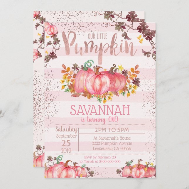 Girl Pumpkin 1. Geburtstag Einladung - Fall (Vorne/Hinten)