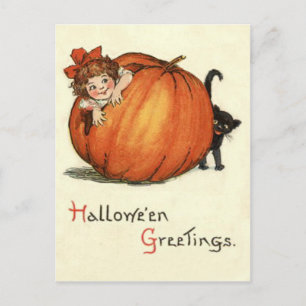 Girl Pumpkin Black Cat Postkarte