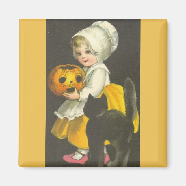 Girl Pumpkin Black Cat Vintag Halloween Magnet (Vorne)