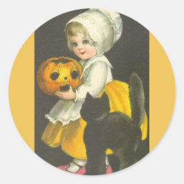 Girl Pumpkin Black Cat Vintage Halloween Stickers