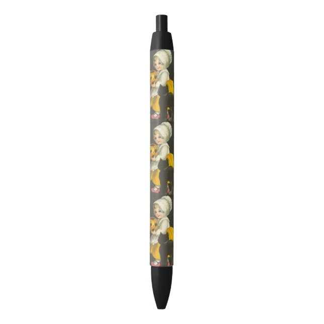 Girl Pumpkin Black Cat Vintager Halloween Pen Kugelschreiber (Vorderseite Vertikal)