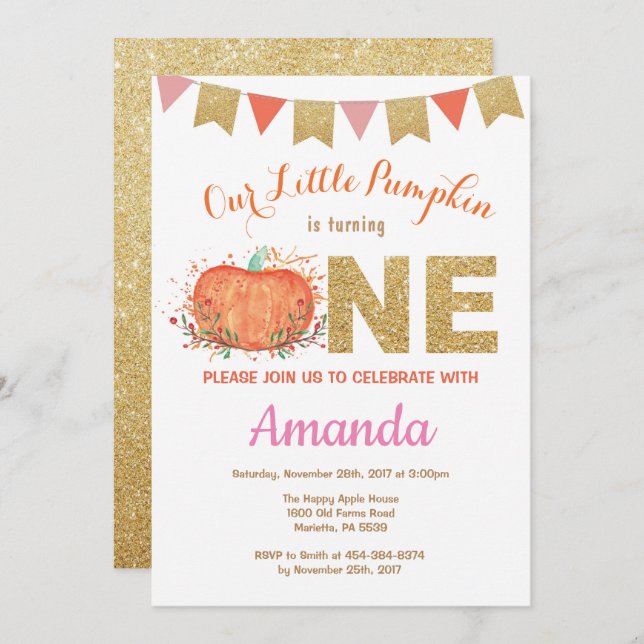 Girl Pumpkin Fall Birthday Einladung Gold Glitzer (Vorne/Hinten)