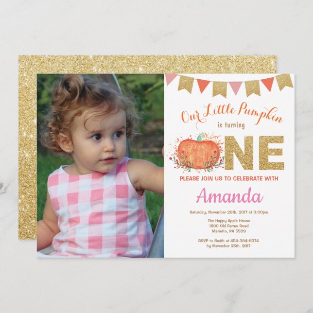 Girl Pumpkin Fall Birthday Invitation Gold Glitter Einladung (Vorne/Hinten)