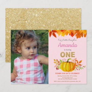 Girl Pumpkin Fall First Birthday Gold Glitzer Einladung