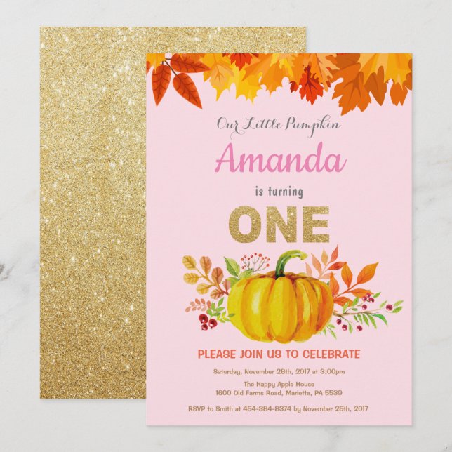 Girl Pumpkin Fall First Birthday Gold Glitzer Einladung (Vorne/Hinten)