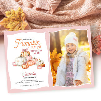Girl Pumpkin Patch Bows Foto Birthday Party Einladung