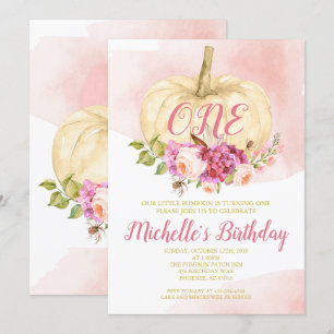 Girl Pumpkin Pink Gold Erstgeburtstag Wasserfarbe Einladung