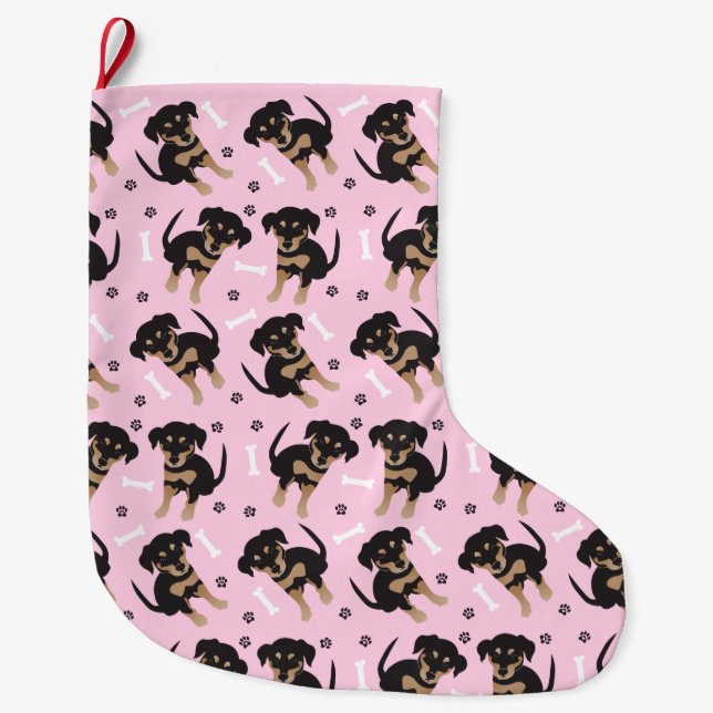 Girl Puppy Pattern Pink Großer Weihnachtsstrumpf (Vorderseite)