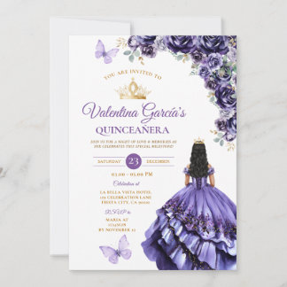 Girl Purple Dress Quinceañera 15 Anos Flowers Gold Einladung