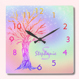 Girl Rainbow Glitzern Monogram Name Square Wall Quadratische Wanduhr