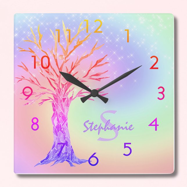 Girl Rainbow Glitzern Monogram Name Square Wall  Quadratische Wanduhr (Von Creator hochgeladen)