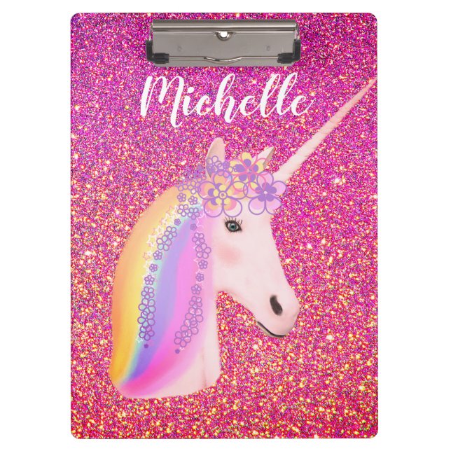 Girl Rainbow Unicorn Rosa Glitzer Personalisiert Klemmbrett (Vorderseite)