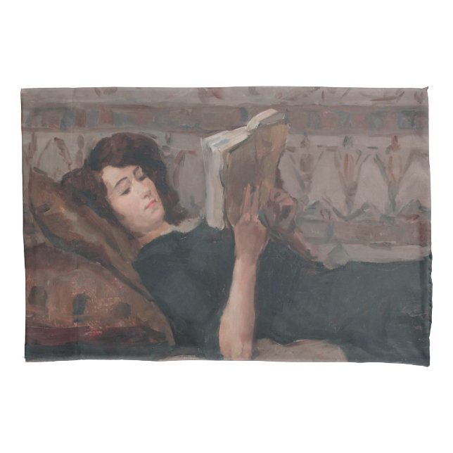 Girl Reading a Book (Reclining on a Divan) Kissenbezug (Vorderseite-Links)