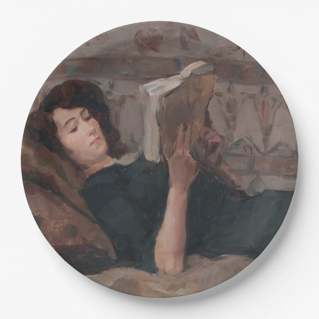 Girl Reading a Book (Reclining on a Divan) Pappteller (Vorderseite)