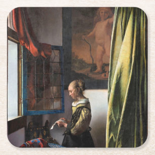 Girl Reading a Letter at a Open Window, Vermeer Rechteckiger Pappuntersetzer
