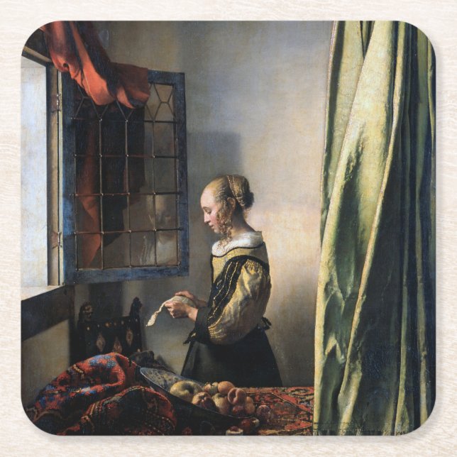Girl Reading a Letter at Window, Vermeer Rechteckiger Pappuntersetzer (Vorderseite)