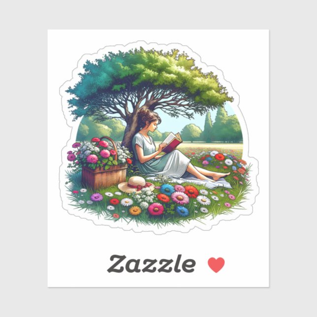 Girl Reading unter einem Baum umgeben von Blume Aufkleber (Blatt)