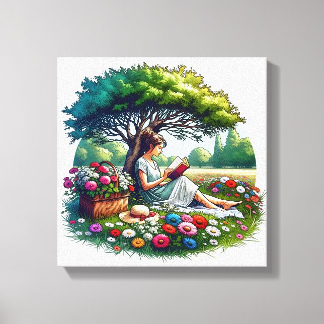 Girl Reading unter einem Baum umgeben von Blume Leinwanddruck (Vorderseite)