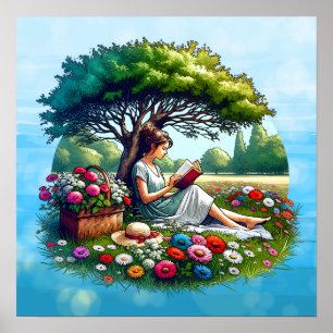 Girl Reading unter einem Baum umgeben von Blume Poster