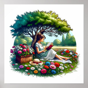 Girl Reading unter einem Baum umgeben von Blume Poster