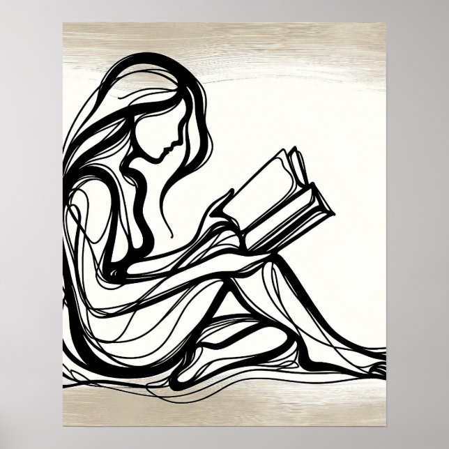 Girl Reads a Book - Line Art Poster (Vorne)