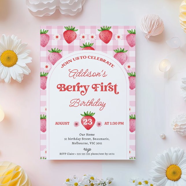Girl Red Daisy Strawberry Berry Sweet 1. Geburtsta Einladung (Modern Strawberry Berry First Birthday Invitation Template, Girls Berry 1st Birthday Invitation,)