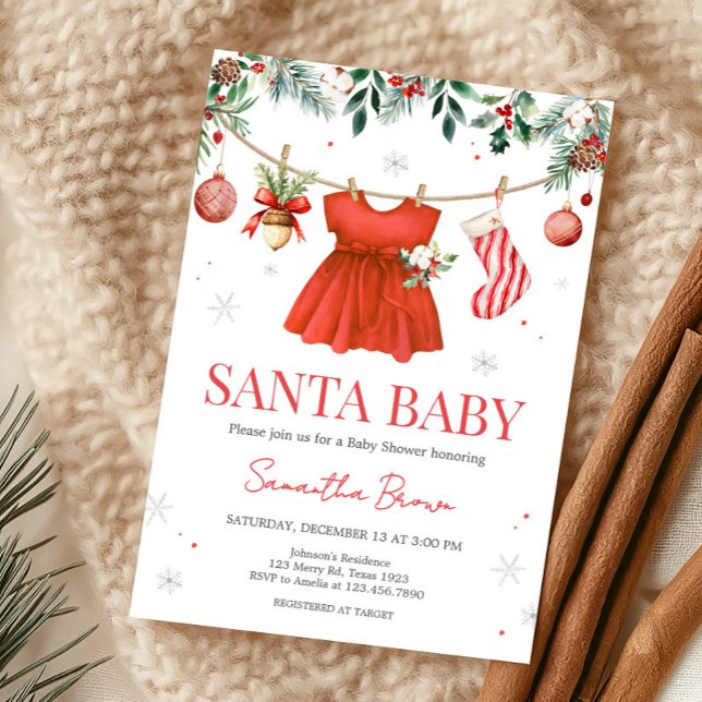 Girl Red Santa Christmas Baby Dusche Einladung (Santa Baby Clothesline Baby Shower Invitation)