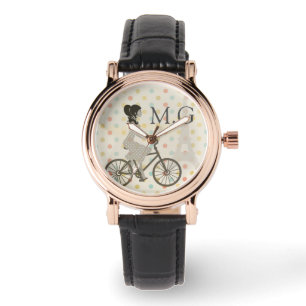 Girl Riding Bike in Paris Polka Dot Monogram Armbanduhr