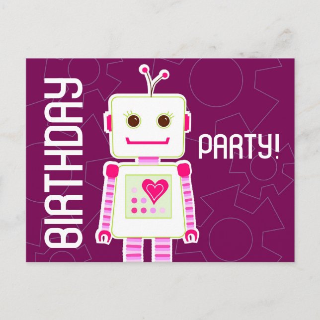 Girl Robot Geburtstagsparty, Postcard Einladungen (Vorderseite)