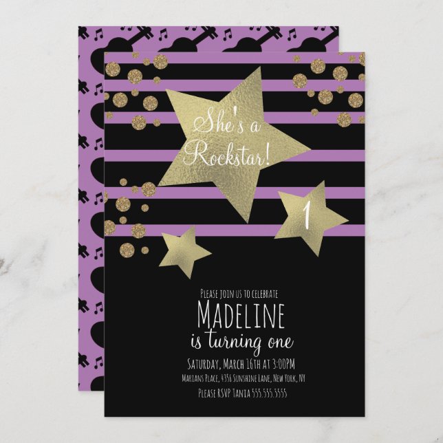 Girl Rockstar Gitarre Imitate Gold Star Geburtstag Einladung (Vorne/Hinten)