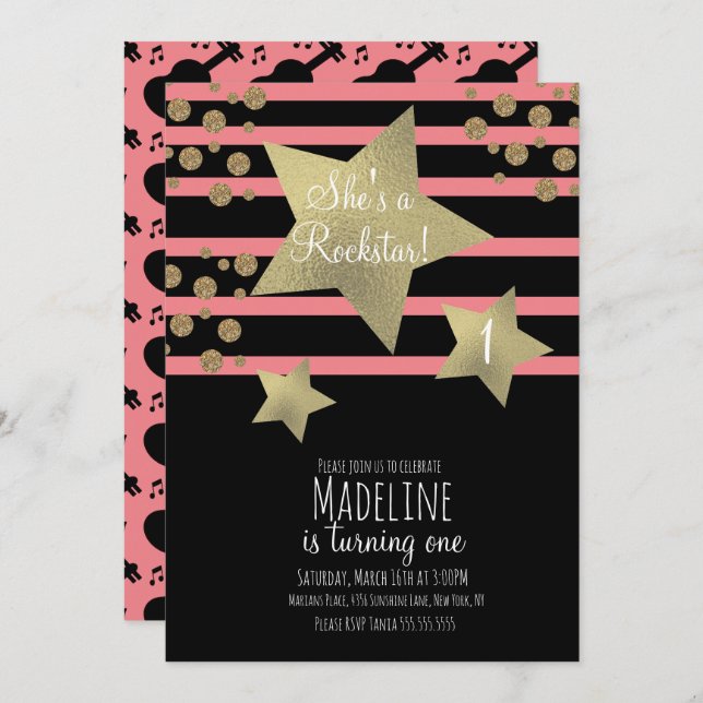 Girl Rockstar Gitarre Imitate Gold Star Geburtstag Einladung (Vorne/Hinten)