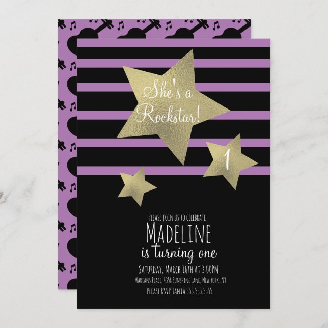 Girl Rockstar Guitar Imitate Gold Star Geburtstag Einladung (Vorne/Hinten)