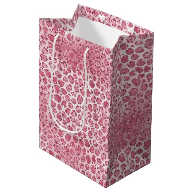 Girl-Rosa-Blush-Glitzer Leopard-Druck       Mittlere Geschenktüte (Vorderseite Schrägansicht)