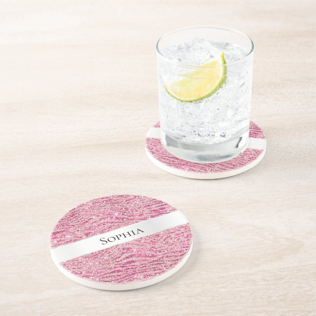 Girl-Rosa-Glitzer Zebra Name Getränkeuntersetzer (Seite)