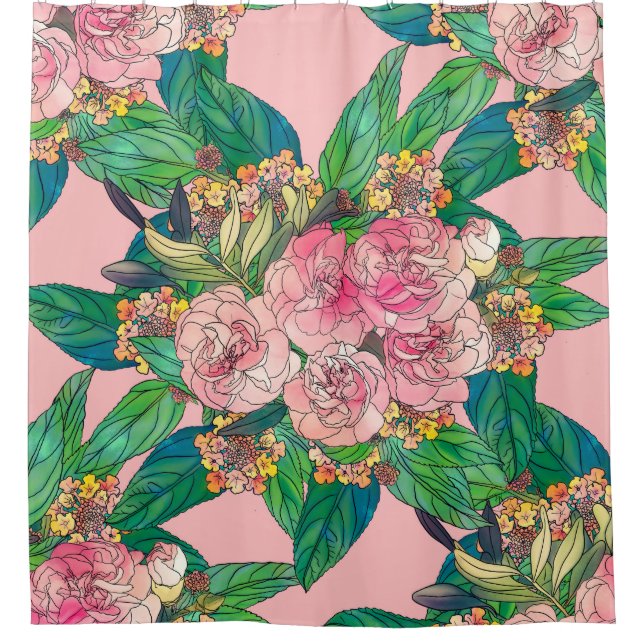 Girl-Rosa Wasserfarbe Blumenfarbe Duschvorhang (Vorderseite)