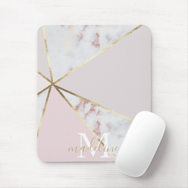 Girl-Rose Gold Blush Geometric Monogram Mouse Pad Mousepad (Mit Mouse)