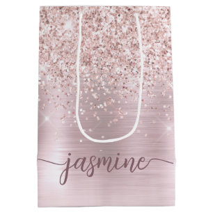 Girl Rose Gold Blush Glitzer Monogram Name Script Mittlere Geschenktüte