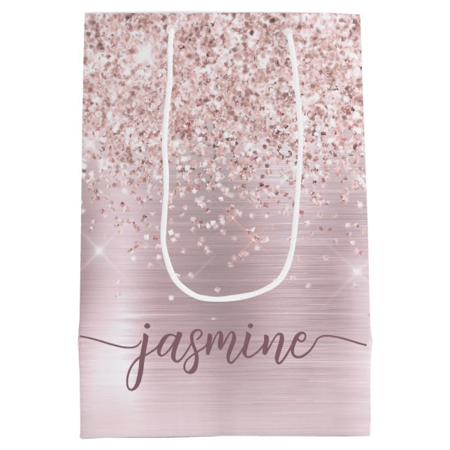 Girl Rose Gold Blush Glitzer Monogram Name Script Mittlere Geschenktüte (Rückseite)