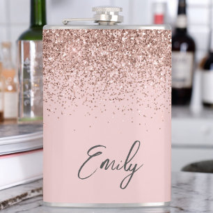 Girl Rose Gold Blush Pink Glitzer Monogram Flachmann
