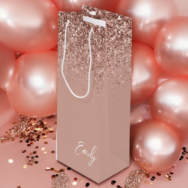 Girl Rose Gold Blush Pink Glitzer Monogram Geschenktüte Für Weinflaschen (Von Creator hochgeladen)